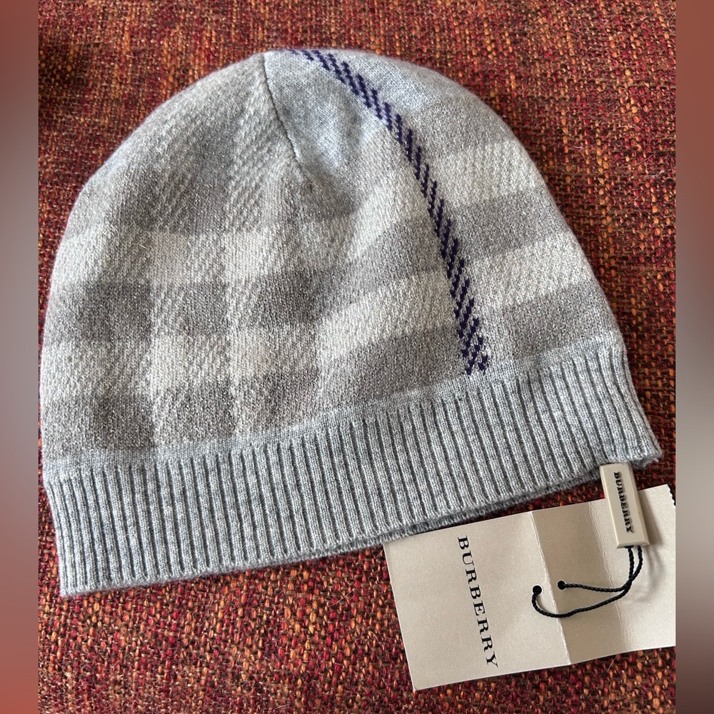 Burberry Light Gray and Purple Checkered Beanie 100% cashmere